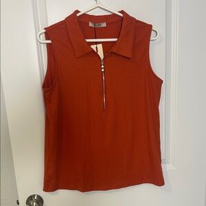 ViVI Rust-Orange Ribbed Zip Polo Tank
